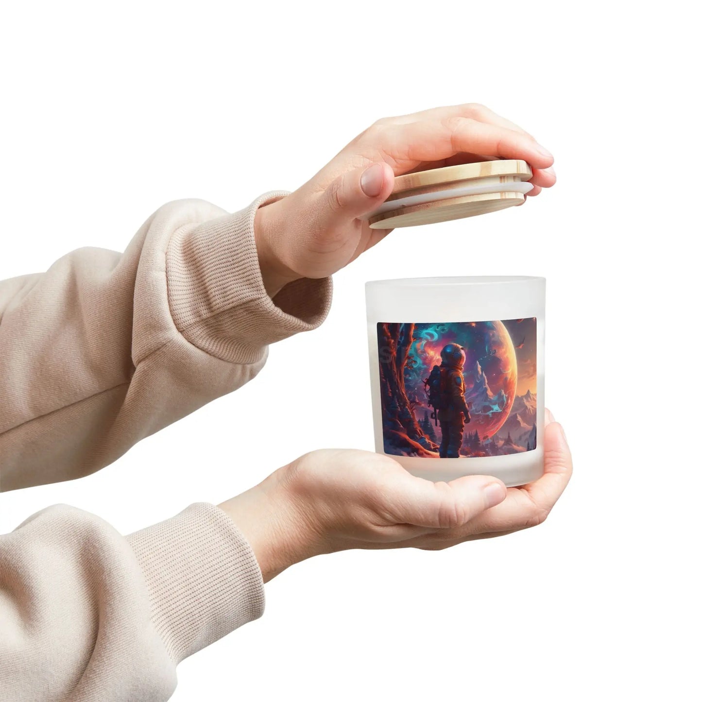 Galaxy Explorer Candle — Frosted Glass 11oz (Astronaut Planet Art) - Home Decor