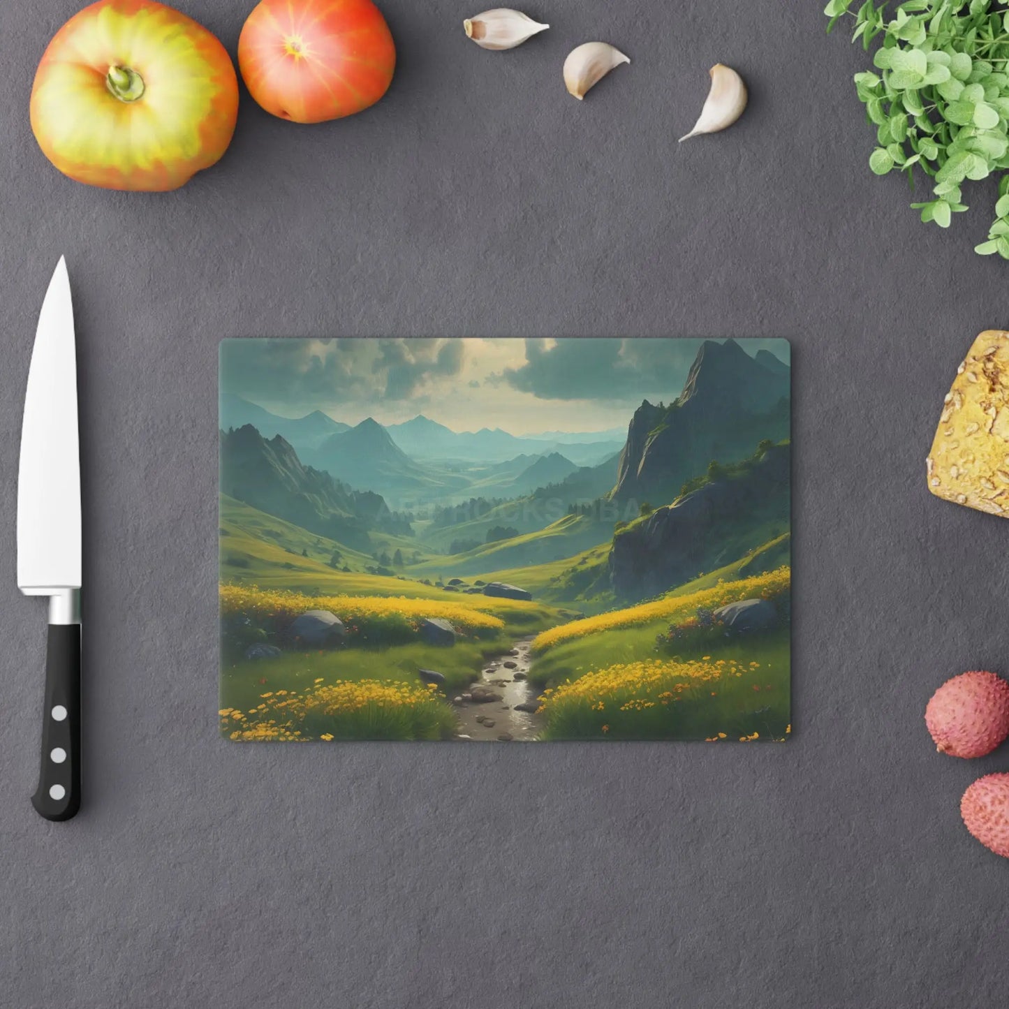 Glass Cutting Board with Golden Mountain Meadow Landscape – Scenic Kitchen Decor - Home Decor