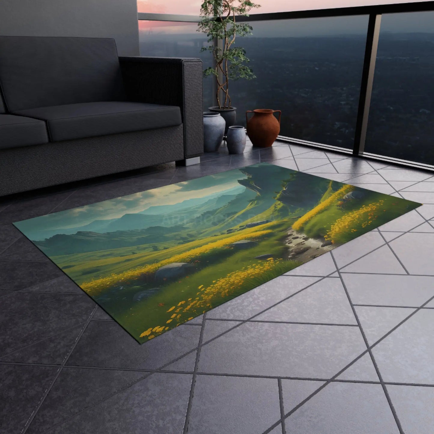 Green Rolling Hills With Yellow Spring Flowers Outdoor Rug Nature-Themed Area Rug Patio Decor Garden Rug Summer Vibes