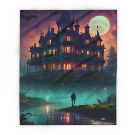 Haunted Mansion in Lagoon Arctic Fleece Blanket Cozy Throw for Halloween Home Decor Gift for Cold Nights Ghostly Vibes
