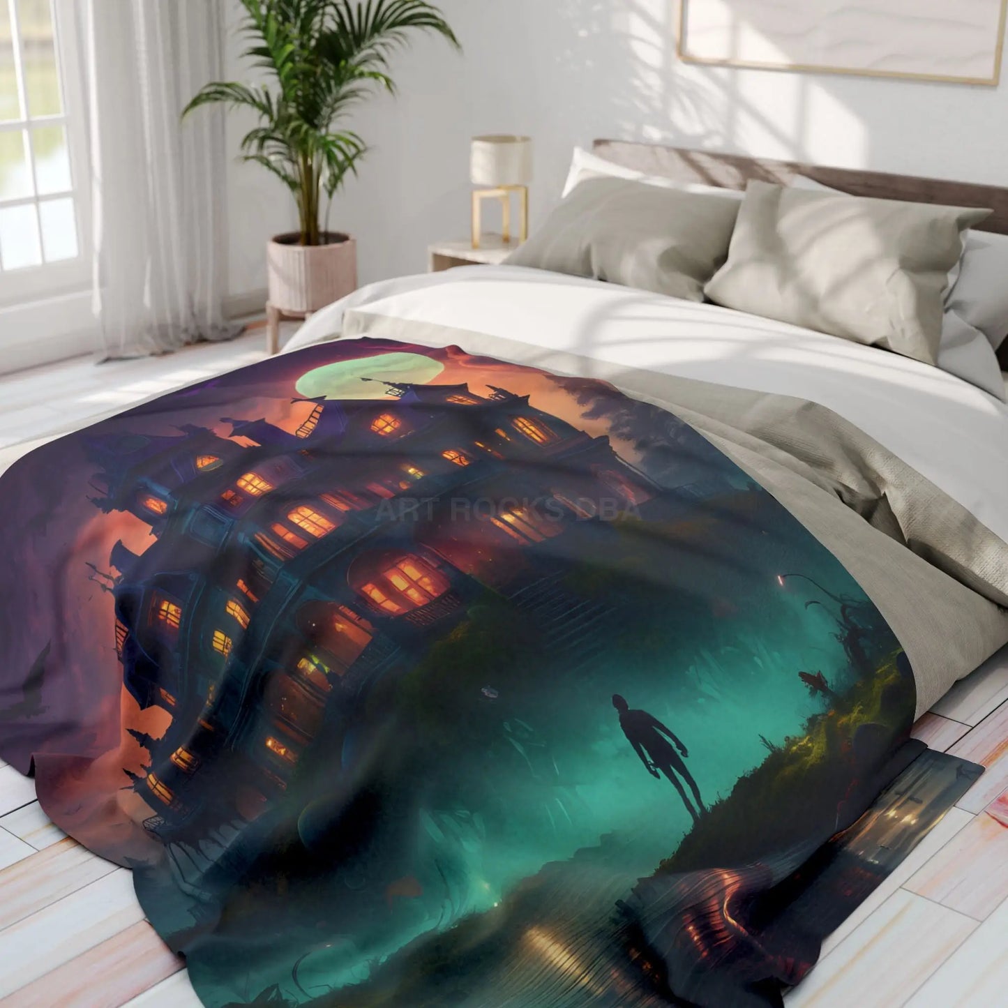 Haunted Mansion in Lagoon Arctic Fleece Blanket Cozy Throw for Halloween Home Decor Gift for Cold Nights Ghostly Vibes