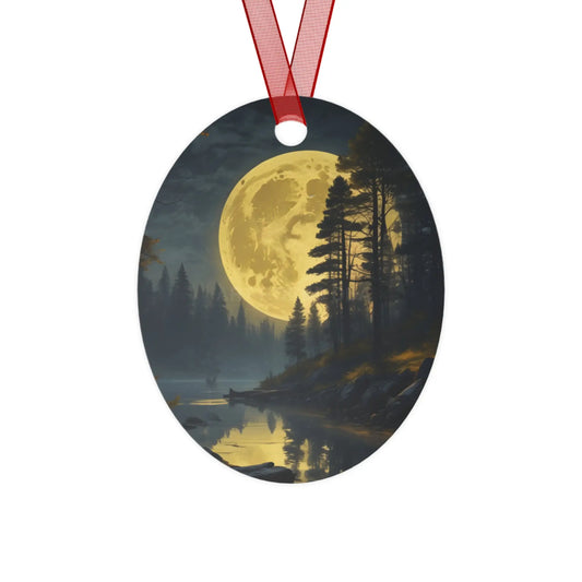 Metal Ornament — Moonlit Forest Over the Lake | Scenic Nature Christmas Decoration - Oval / One Size - Home Decor