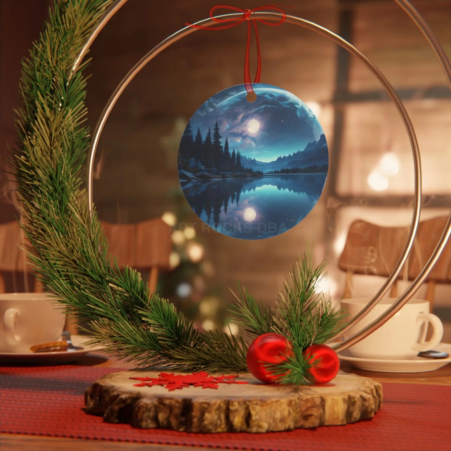 Metal Ornament — Moonlit Lake Landscape Christmas Tree Decoration - Home Decor