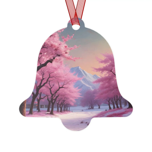 Metal Ornament — Pink Cherry Blossom Landscape Holiday Decoration - Bell / One Size - Home Decor