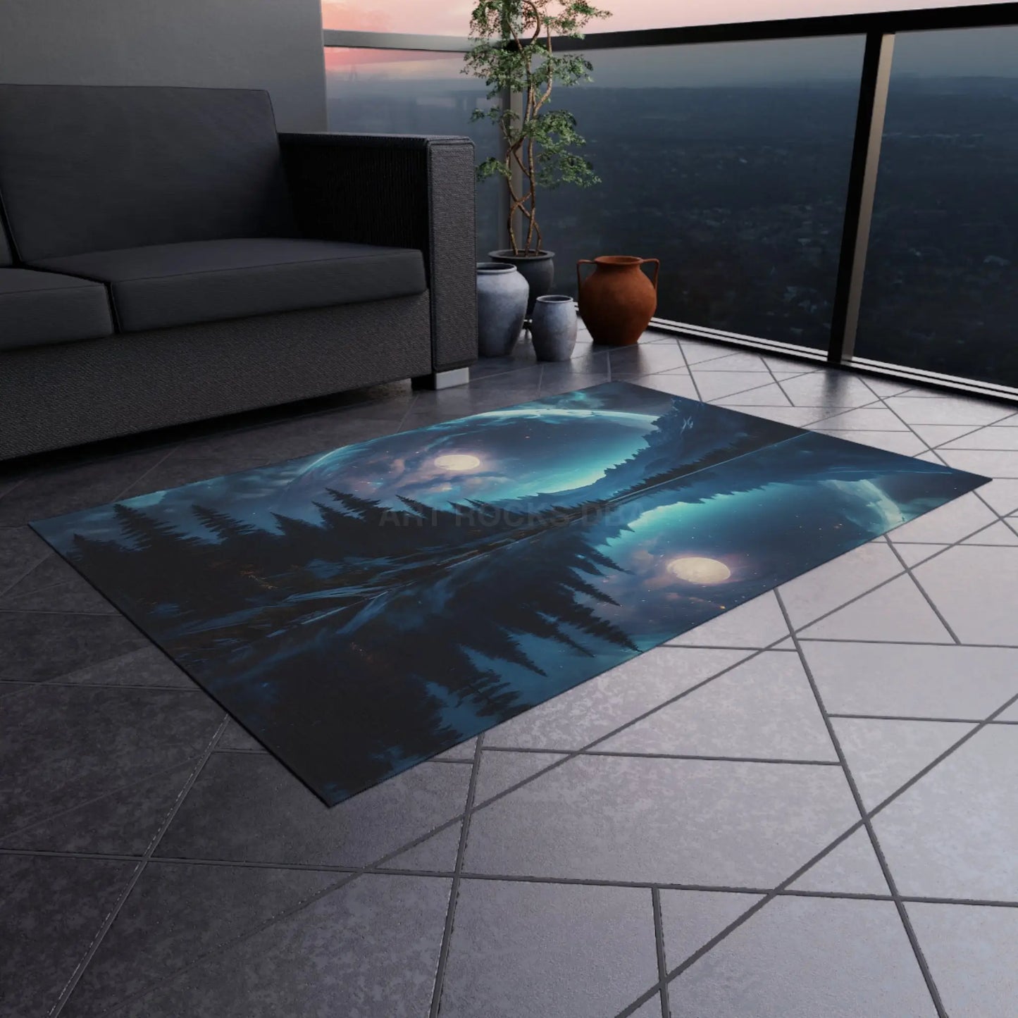 Midnight Forest Reflection Outdoor Rug Camping Decor Patio Mat Nature Lover Gift Cozy Outdoor Accessory Bohemian Home