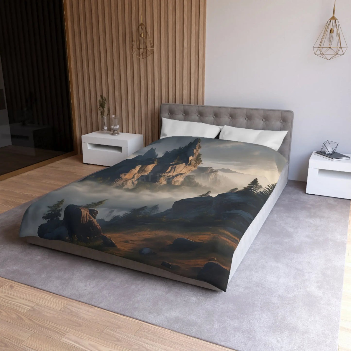 Misty Morning Mountaintop Landscape Microfiber Duvet Cover - Cozy Nature Bedding - Home Decor