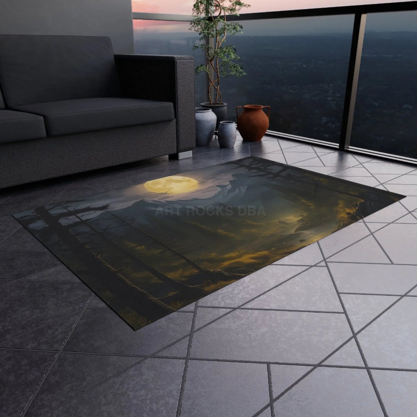 Moonlit Forest in The Mountains Outdoor Rug Nature Decor Patio Accessory Camping Essentials Boho Style Rug Garden Mat