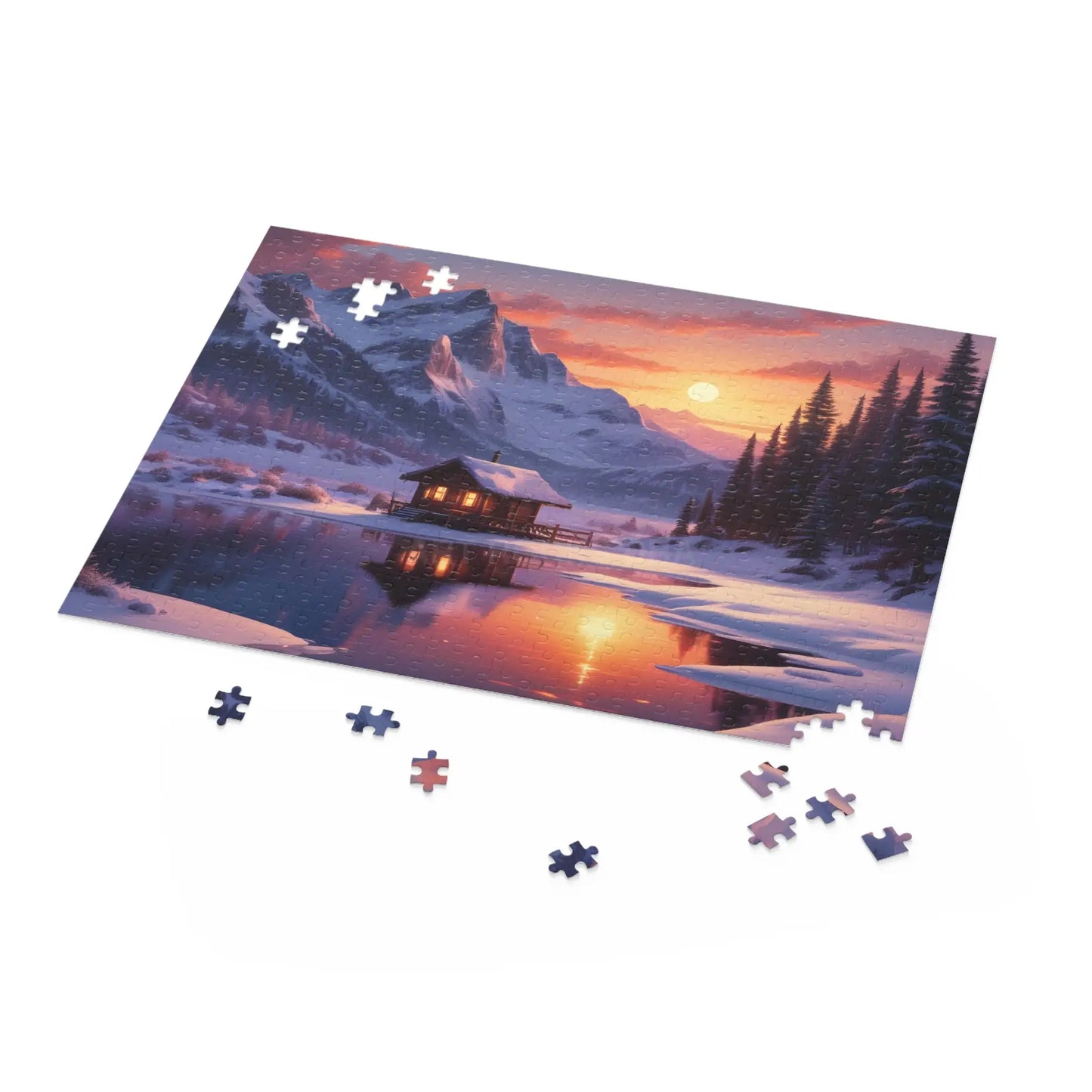 Mountain Cabin Winter Sunset Puzzle — Scenic 120/252/500-Piece Jigsaw - Puzzle