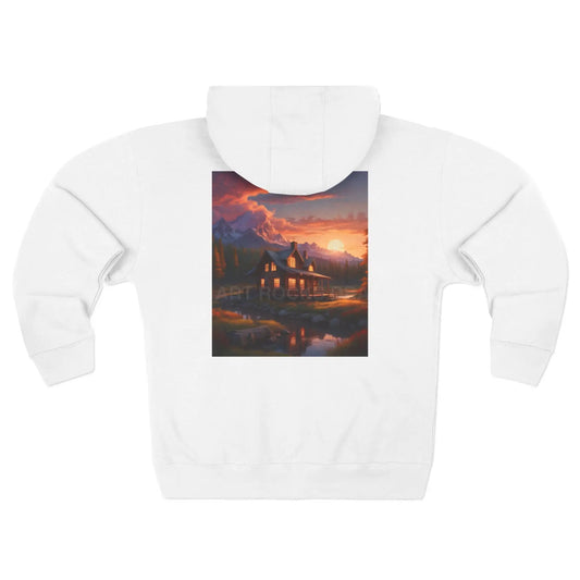 Mountain Sunset Cabin on the River Zip-Up Sweatshirt - XS / White - Hoodie