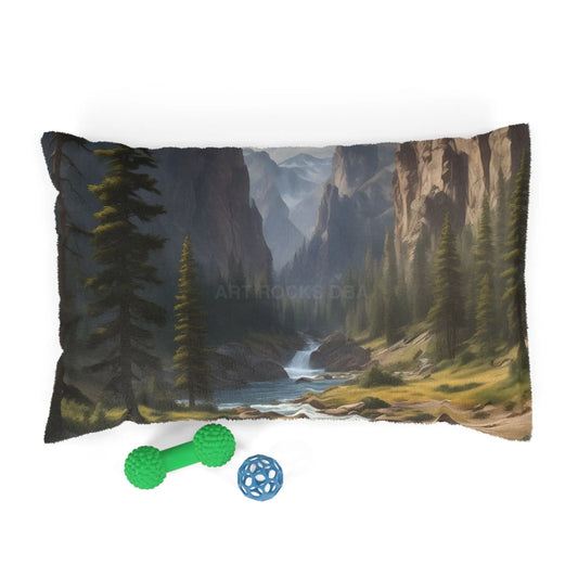 Mountain Valley Pet Bed — Scenic Forest River Dog & Cat Bed - 28’’ × 18’’ - Pets