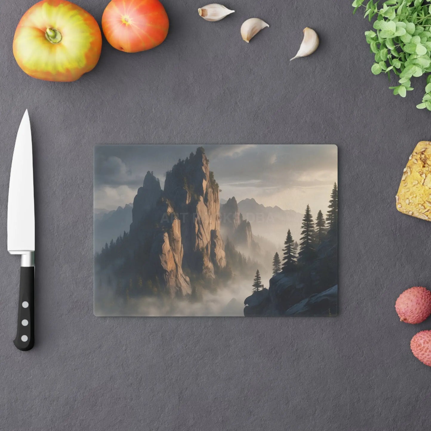 Mountaintop Mist Cutting Board — Scenic Pine Forest Landscape - Home Decor