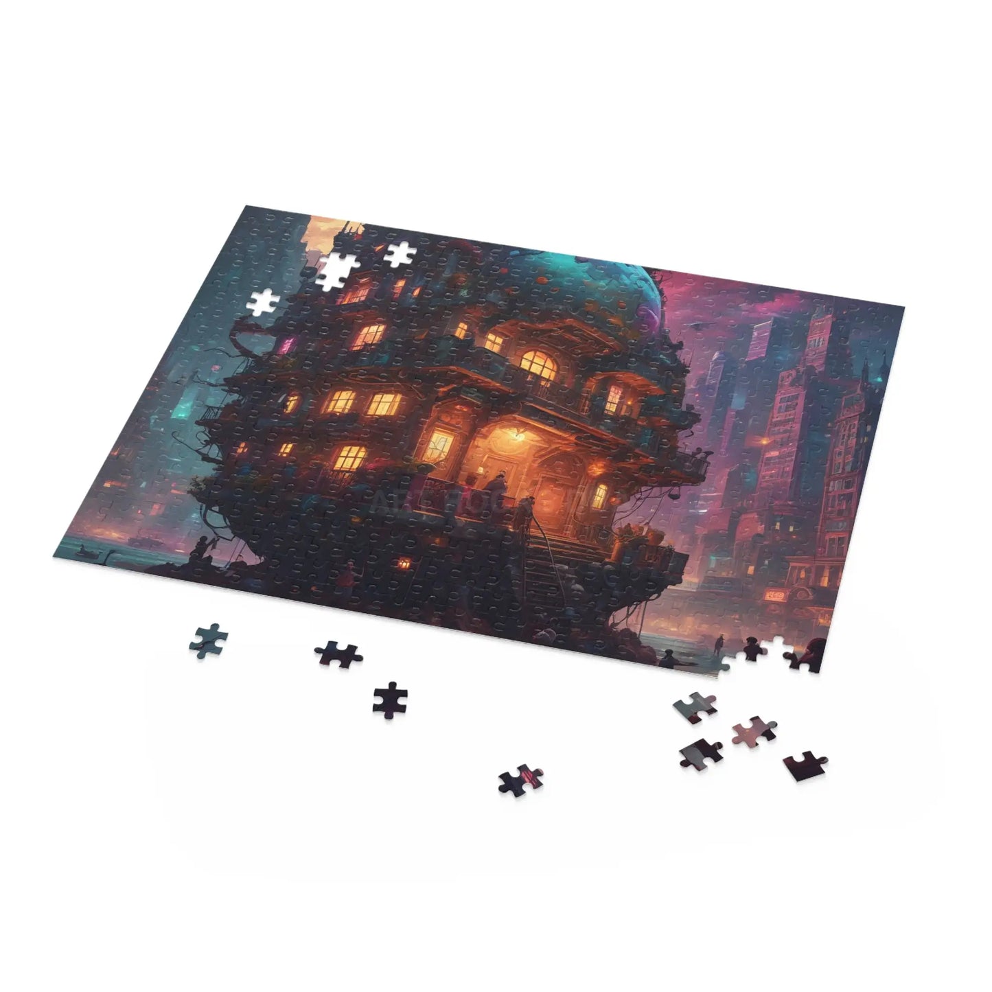 Mystic Psychedelic City Puzzle — Fantasy Steampunk Floating House Jigsaw (120/252/500 pcs) - Puzzle