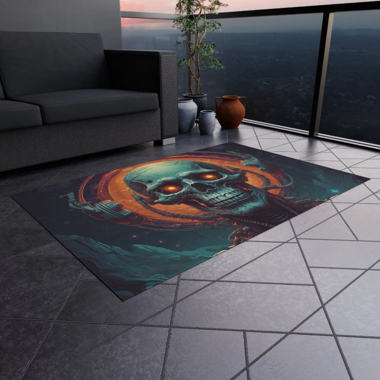 Outdoor Rug with Skull Design Boho Decor Patio Mat Garden Rug Halloween Decor Music Lover Gift - Home Decor