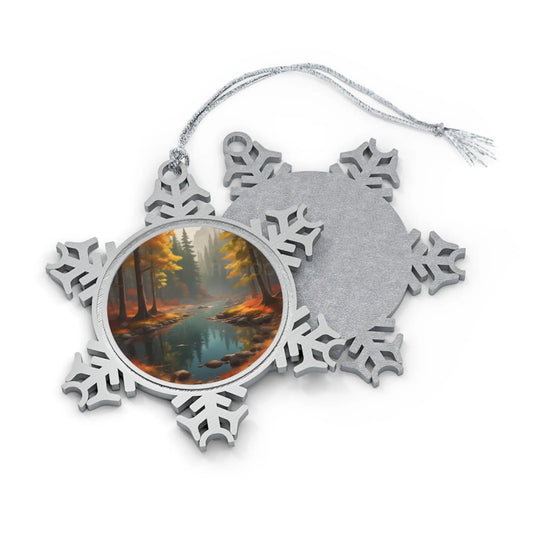 Pewter Snowflake Ornament — Autumn Forest River Scene Holiday Decoration - Snowflake / One Size - Home Decor