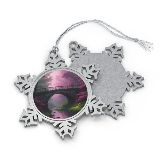 Pewter Snowflake Ornament with Pink Bridge Art – Holiday Tree Decoration Gift Boxed - Snowflake / One Size - Home Decor