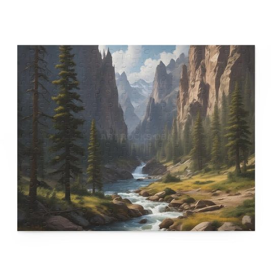 Pine Tree Covered Mountainous Valley Jigsaw Puzzle — 120/252/500 Piece - 14’’ × 11’’ (252 pcs) - Puzzle