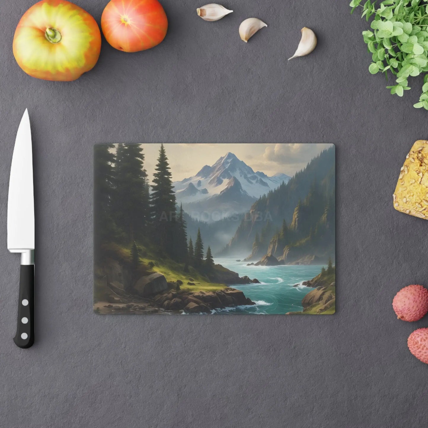Pine Tree Mountain River Scenic Cutting Board — Forest Landscape Kitchen Board - Home Decor