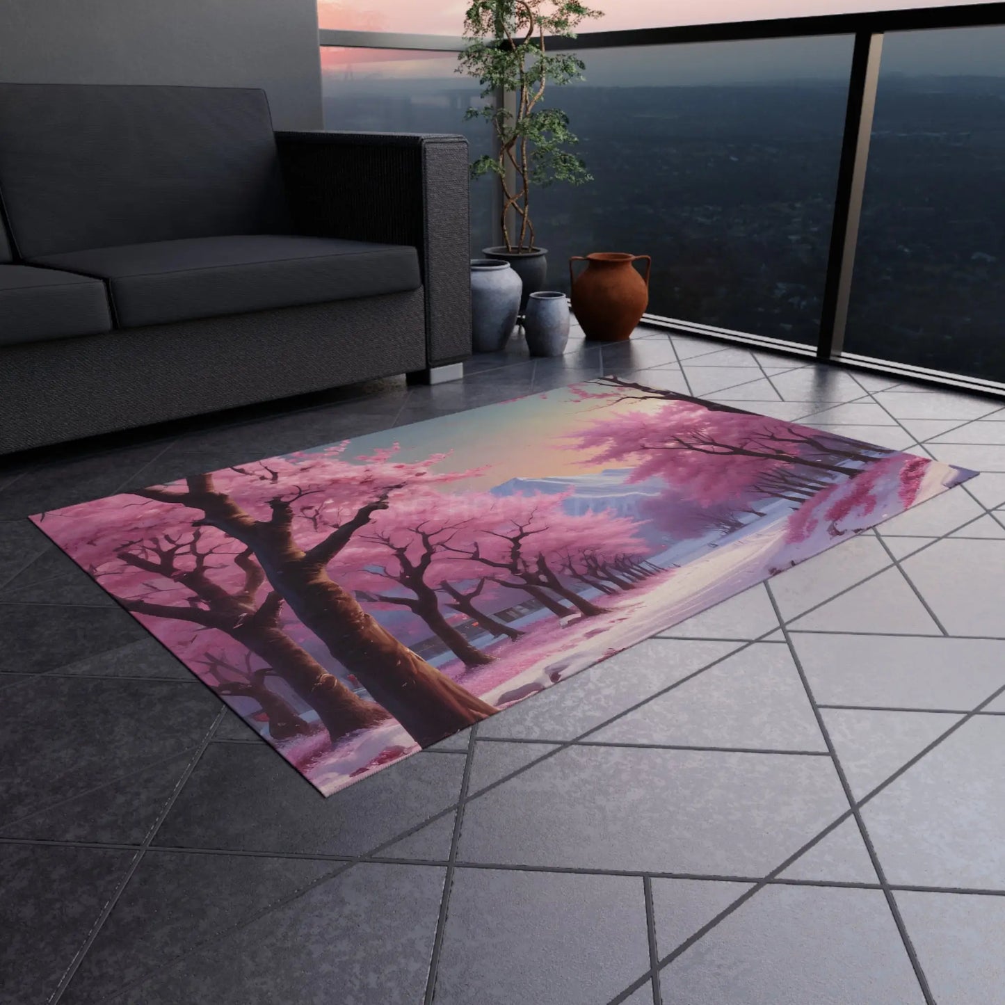 Pink Cherry Blossom Trees in the Snow Outdoor Rug Garden Decor Patio Area Rug Spring Home Decor - Home Decor