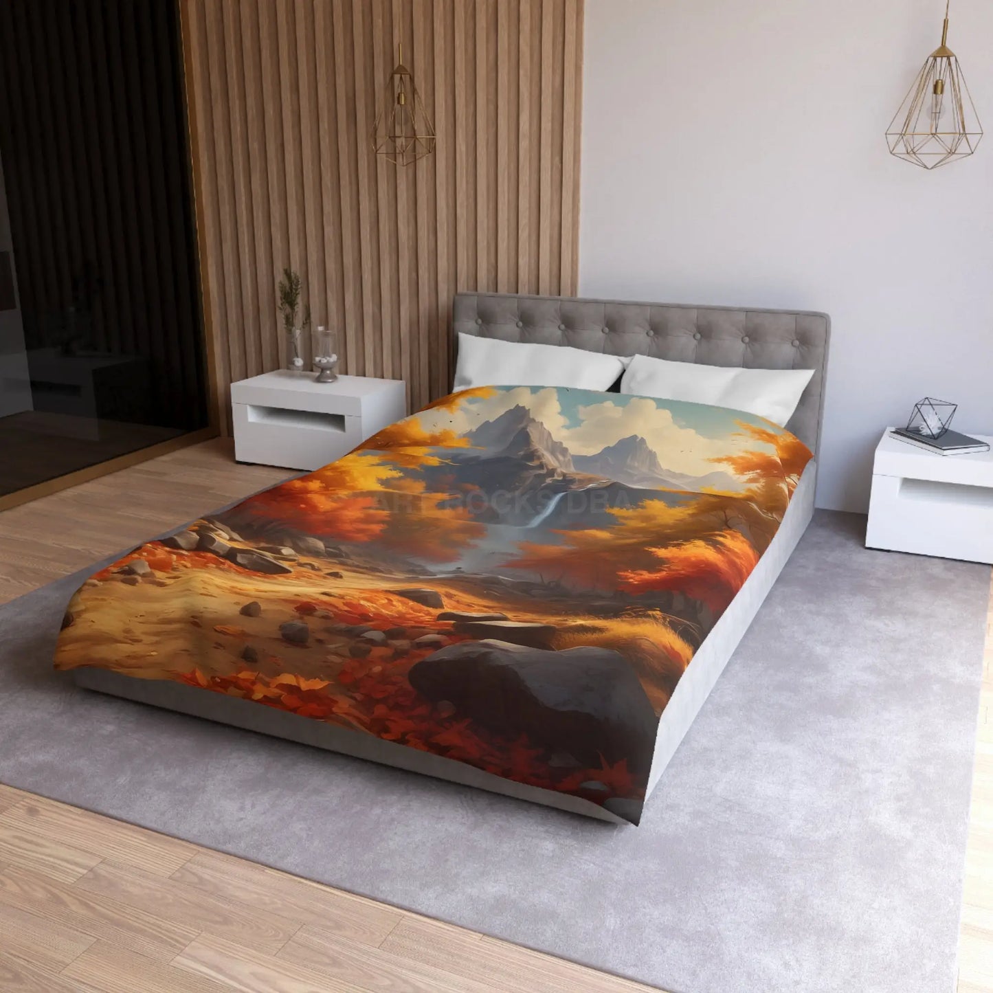 Red and Orange Autumn Leaves Landscape Duvet Cover | Cozy Fall Decor Seasonal Bedroom Update Nature-Inspired Bedding