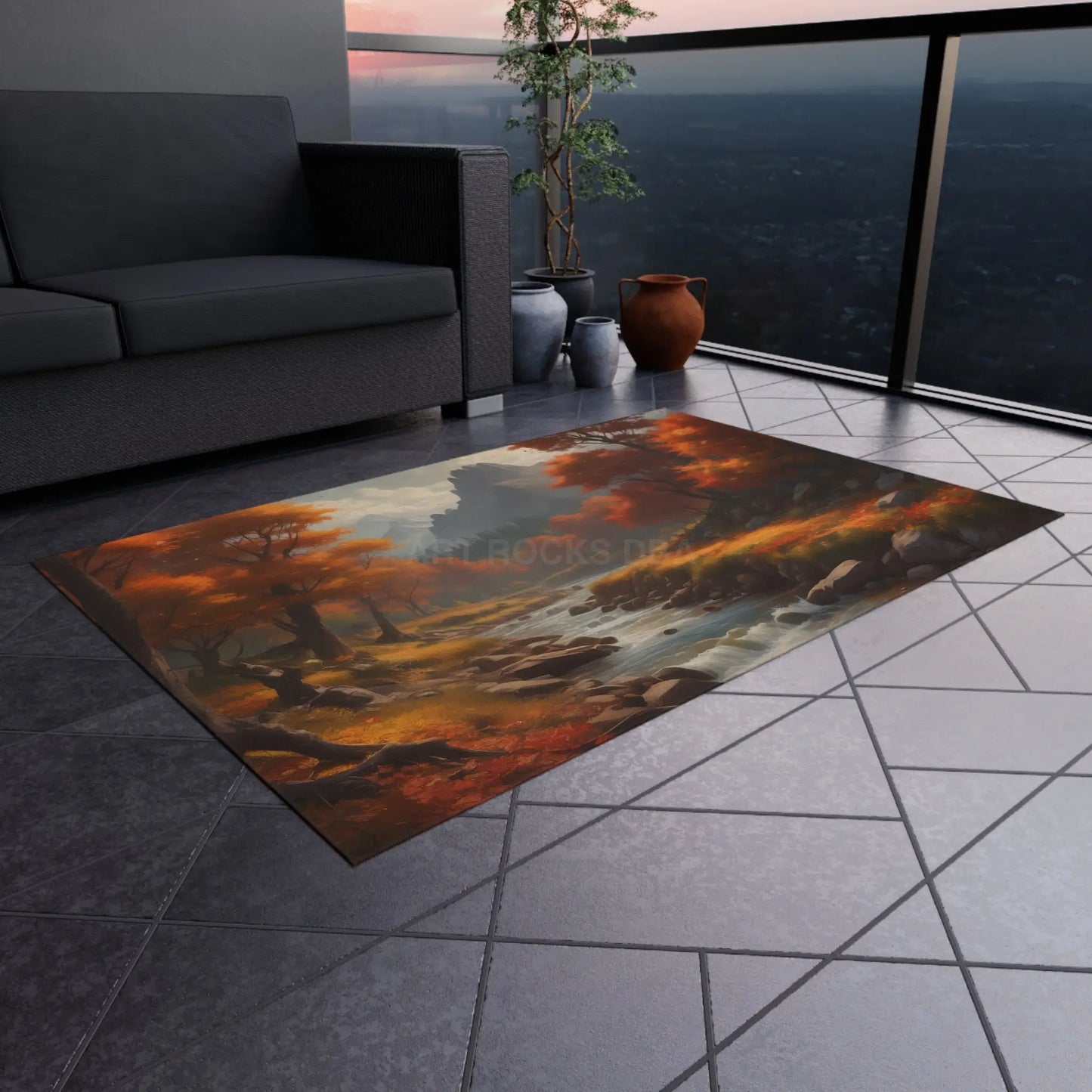 Rustic Autumn River Outdoor Rug with Scenic Autumn Design Outdoor Decor Patio Carpet Fall Vibes Nature-Themed Home