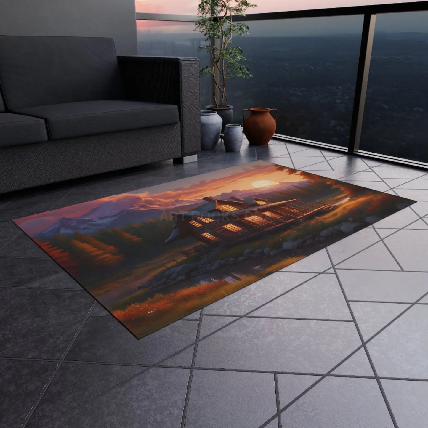 Scenic Cabin in The Mountains Outdoor Rug Cozy Cabin Decor Nature Inspired Rug Perfect for Patios & Porches Camping &