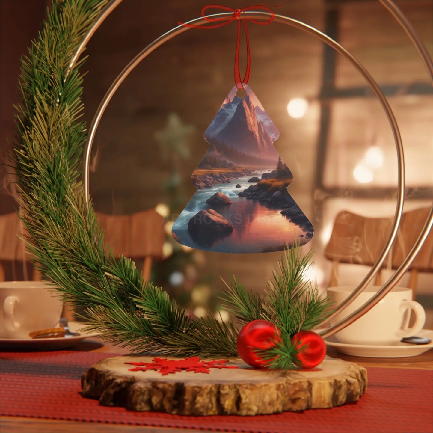 Scenic Mountain River Metal Ornament — Holiday Decoration - Home Decor