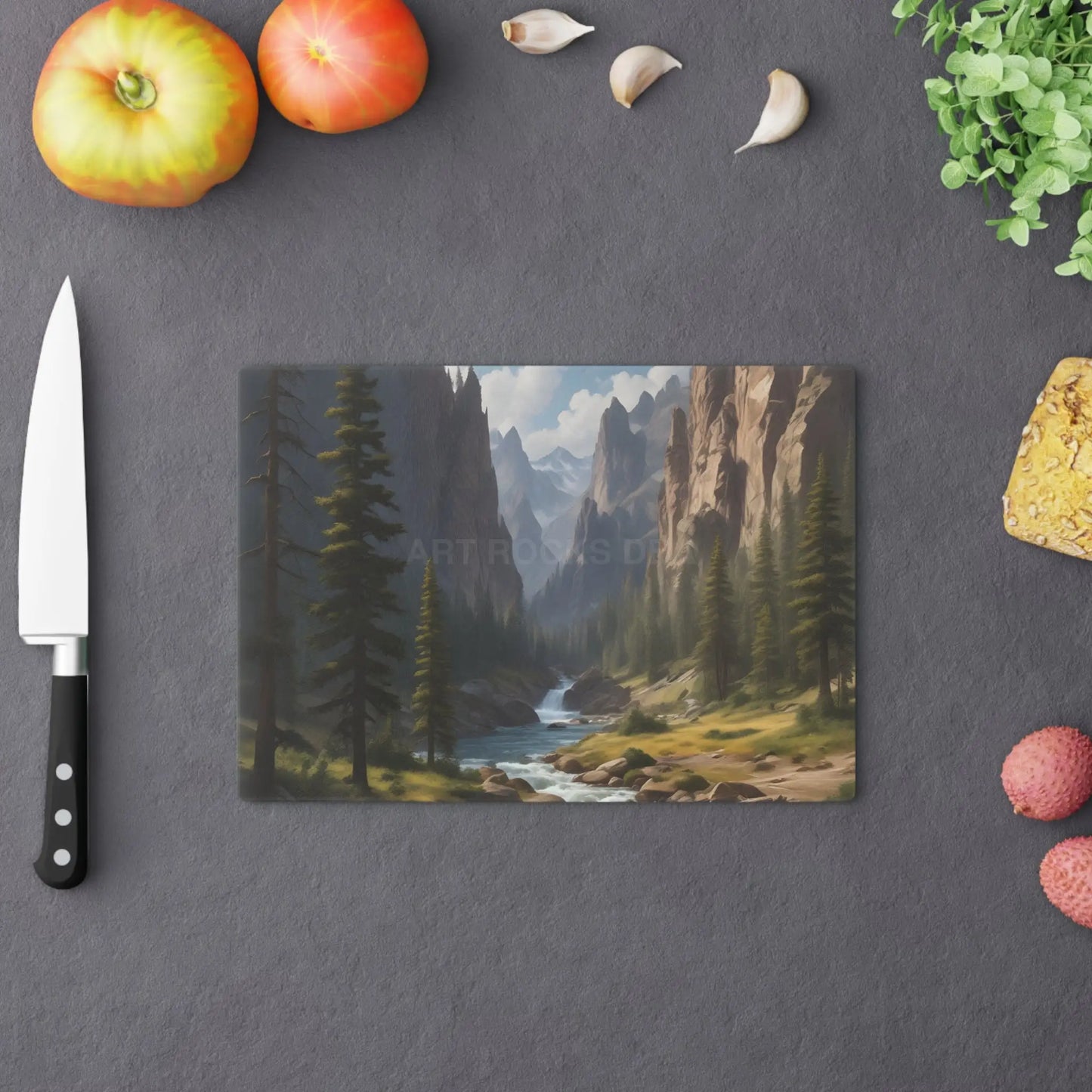 Scenic Mountain Valley Cutting Board – Pine River Landscape Kitchen Board - Home Decor