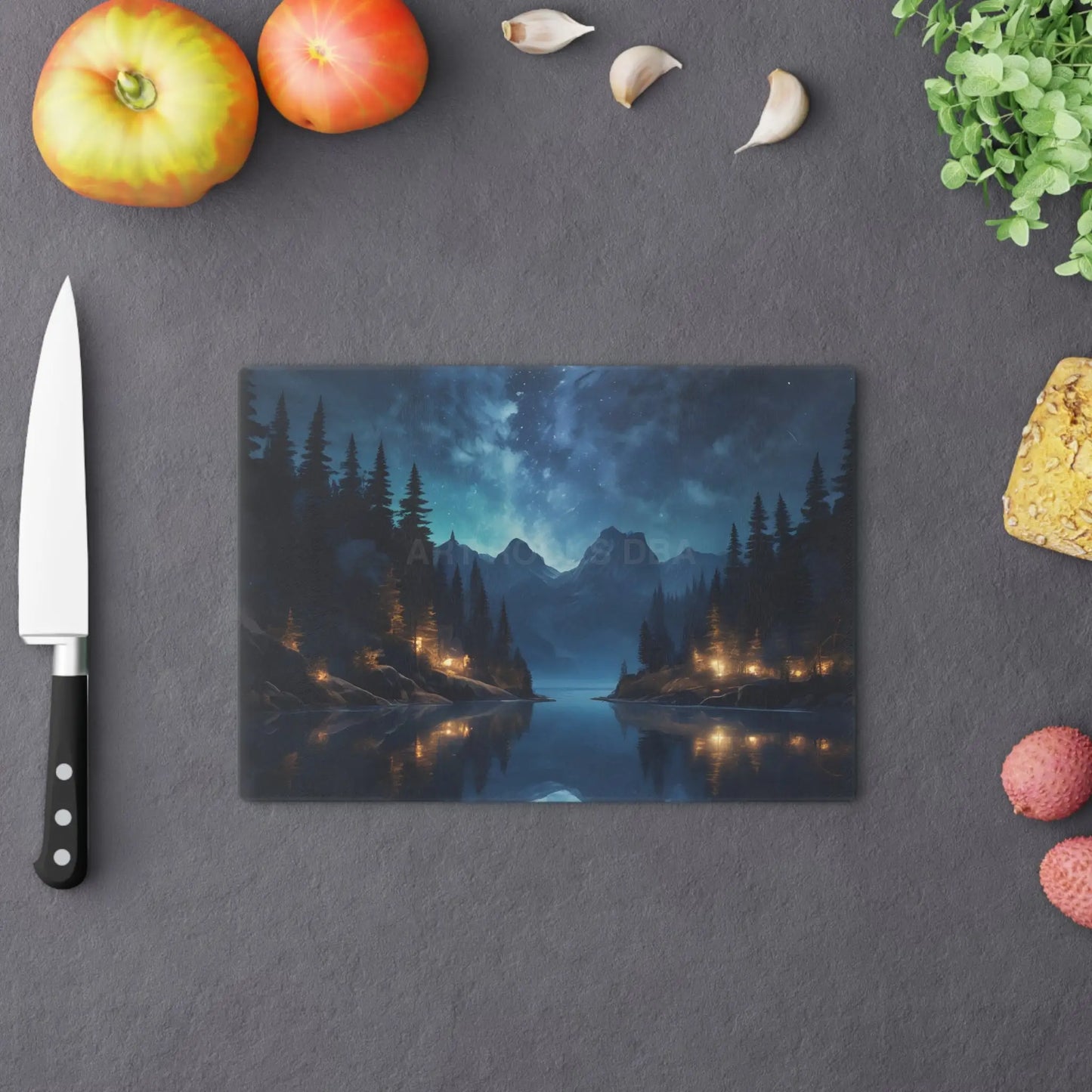Scenic Night Lake Cutting Board – Starry Mountain Landscape Kitchen Decor - Home Decor