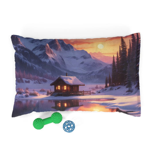 Scenic Snowy Cabin Sunset Pet Bed - 28’’ × 18’’ - Pets