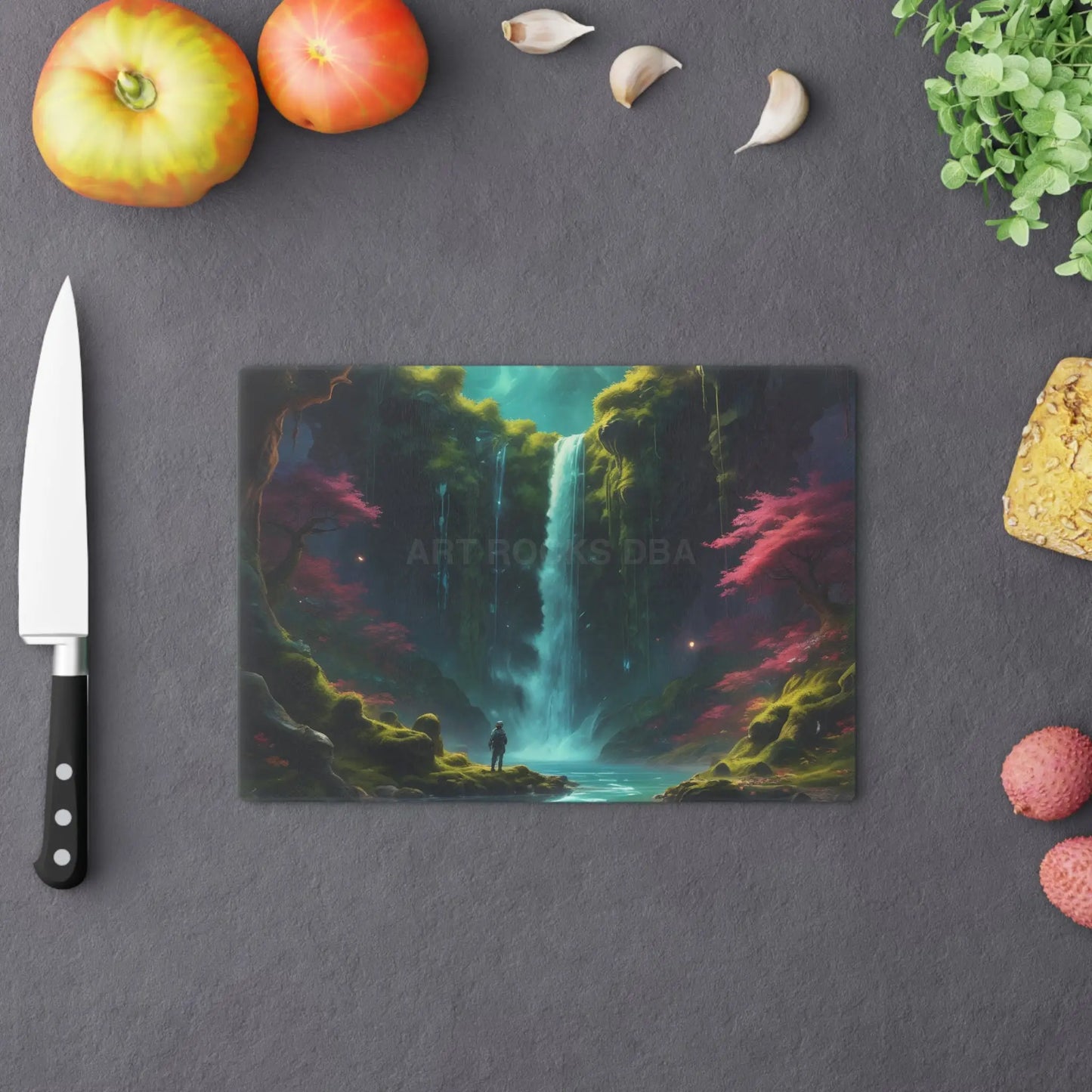 Scenic Waterfall Cutting Board – Fantasy Forest Landscape Kitchen Board - Home Decor