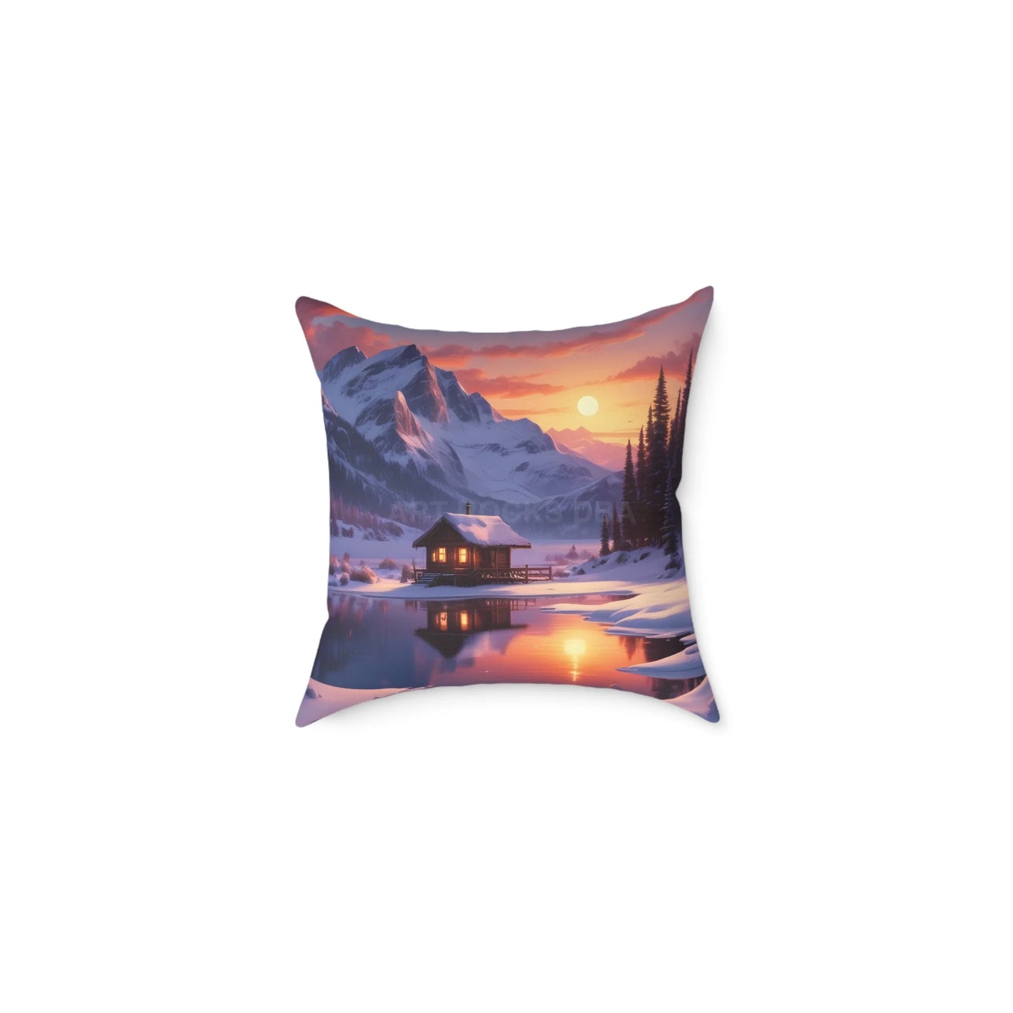 Serene Cabin on Snowy Lake Decorative Winter Pillow - 16’’ × 16’’ - Home Decor