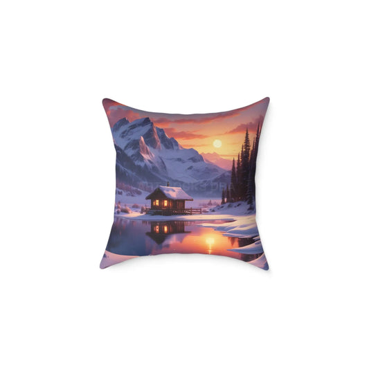 Serene Cabin on Snowy Lake Decorative Winter Pillow - 18’’ × 18’’ - Home Decor