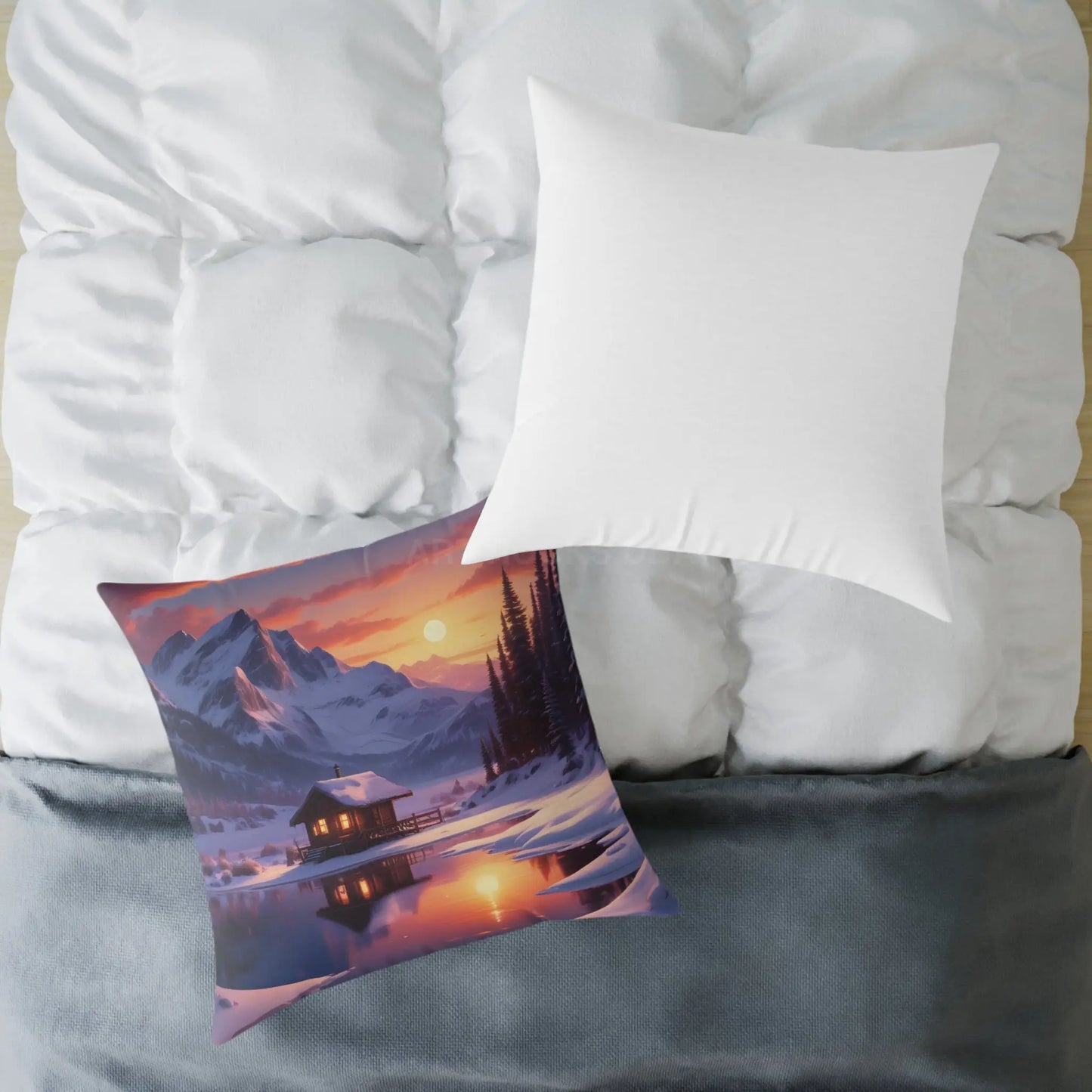 Serene Cabin on Snowy Lake Decorative Winter Pillow - Home Decor