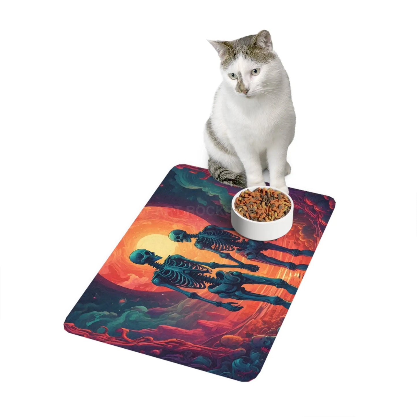 Skeletons in Love Pet Food Mat (12x18) — Spooky Sunset Dog Cat Feeding Mat - 12’’ × 18’’ / Rectangle - Pets