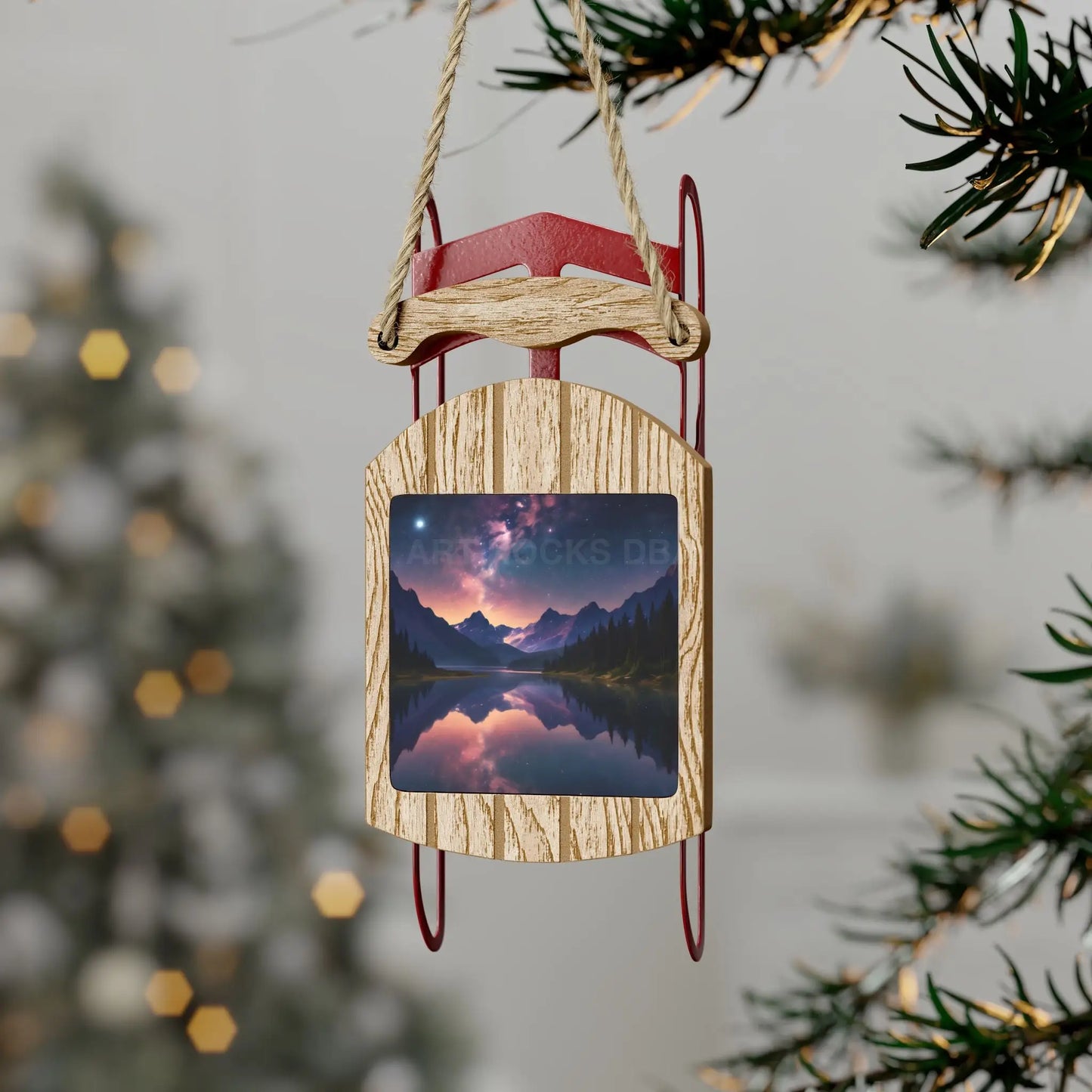 Sled Ornament — Starry Galaxy Over Calm Lake - 2.1’’ × 4.6’’ / 1 pc - Home Decor