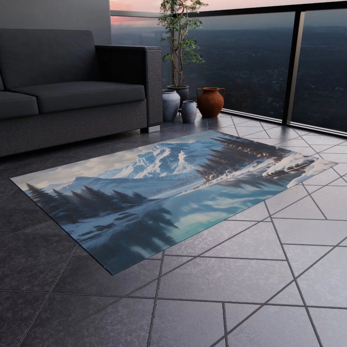 Snowy Mountainous Lake Outdoor Rug Cozy Patio Decor Rustic Home Accent Camping Mat Nature Lover Gift - Home Decor