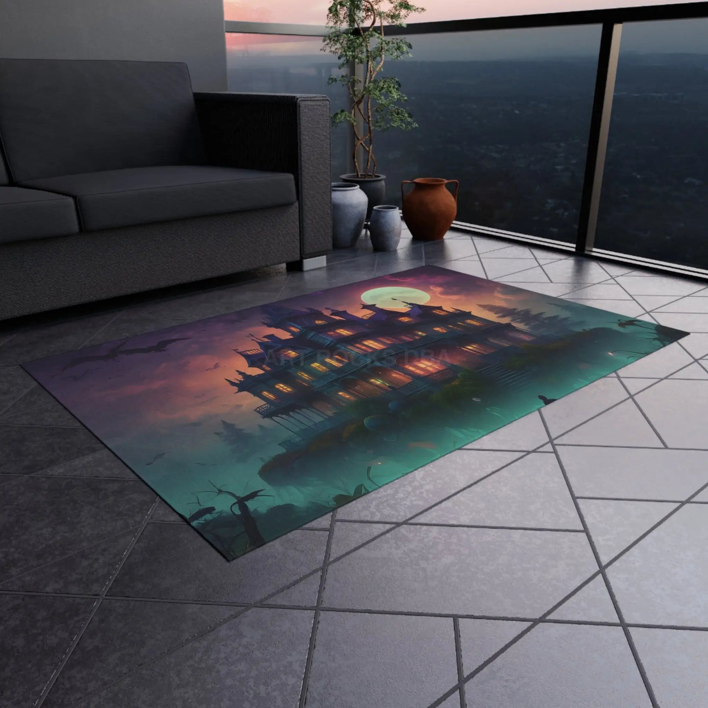 Spooky Haunted House Outdoor Rug Halloween Decor Patio Mat Garden Rug Cozy Outdoor Living Spooktacular Home Accent