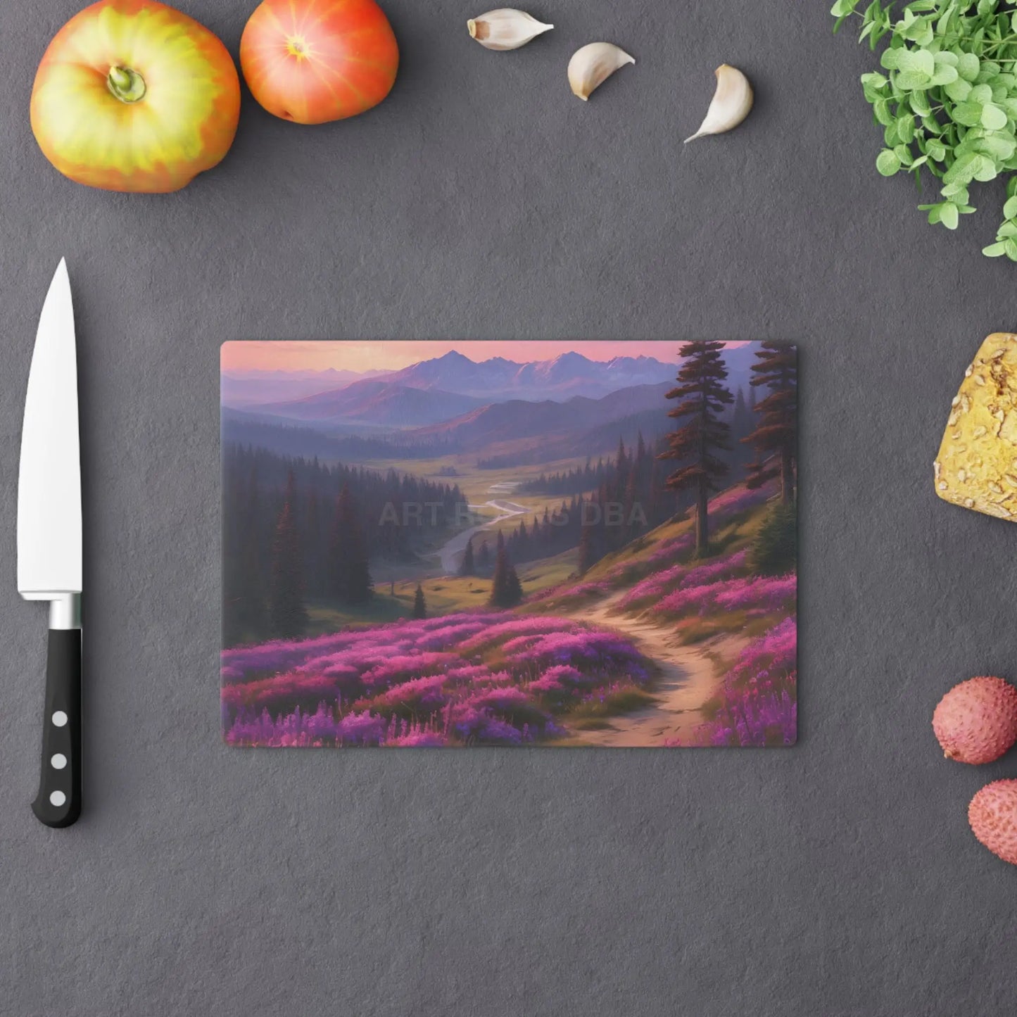 Springtime Mountain Meadow Cutting Board — Lavender Wildflower Landscape - Home Decor