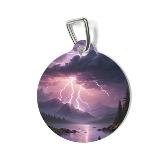 Stormy Mountain Lightning Pet Tag — Purple Lake Landscape ID Charm - 1’’ - Pets