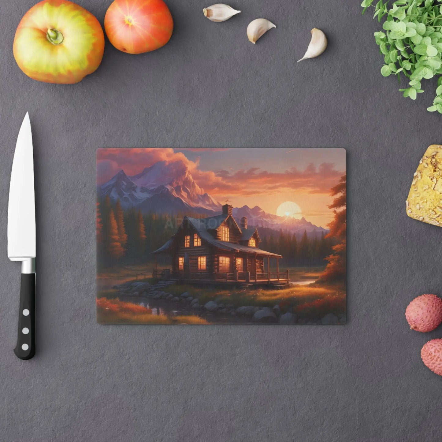Sunset Cabin Cutting Board – Rustic Mountain Cabin Scenic Chopping Board - Home Decor