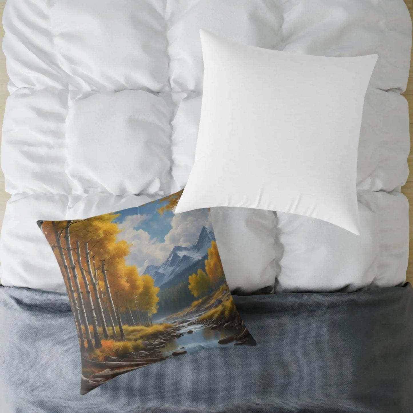 Throw Pillow - Aspen Tree Forest With a Flowing River Peacefully Sitting Below Snowy Mountains - Home Decor