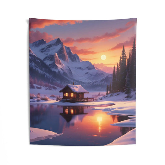 Tiny Cabin Mountain Retreat Wall Tapestry Cozy Home Decor Nature wall art Boho Decor Gift for Nature Lovers Scenic