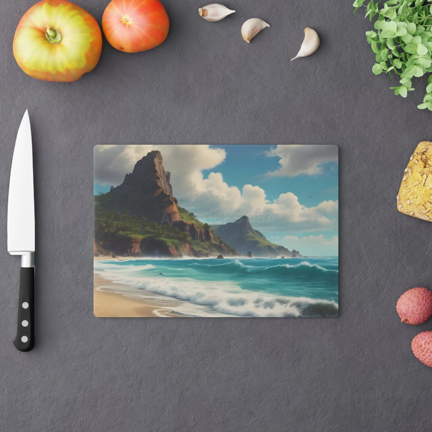 Tropical Beach Cutting Board — Scenic Ocean Waves & Cliff Kitchen Serving Board - Home Decor