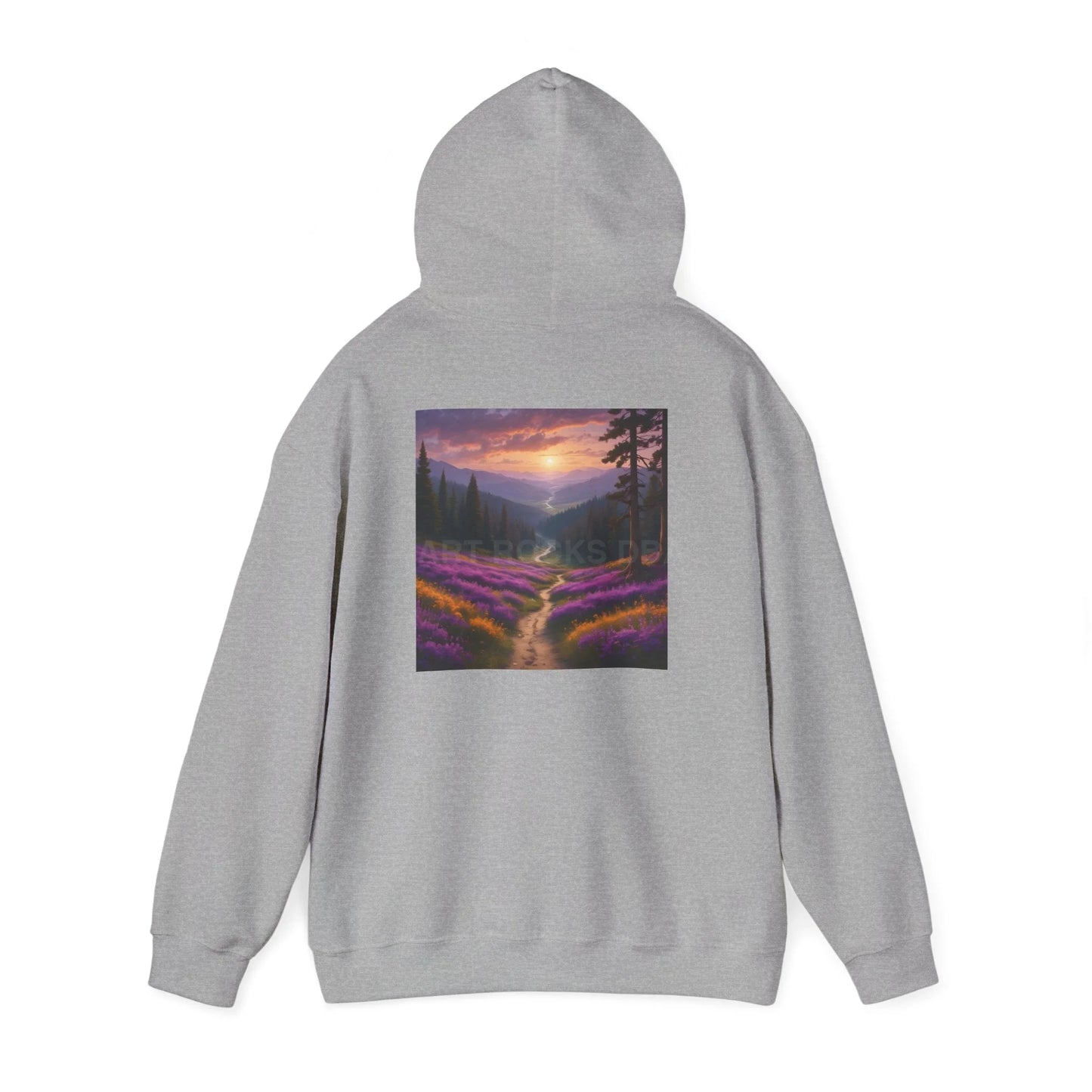 Valley With Purple Flowers Hoodie - Cozy Pullover Gift for Artists Nature Lover’s Apparel Handmade Art Clothing Perfect