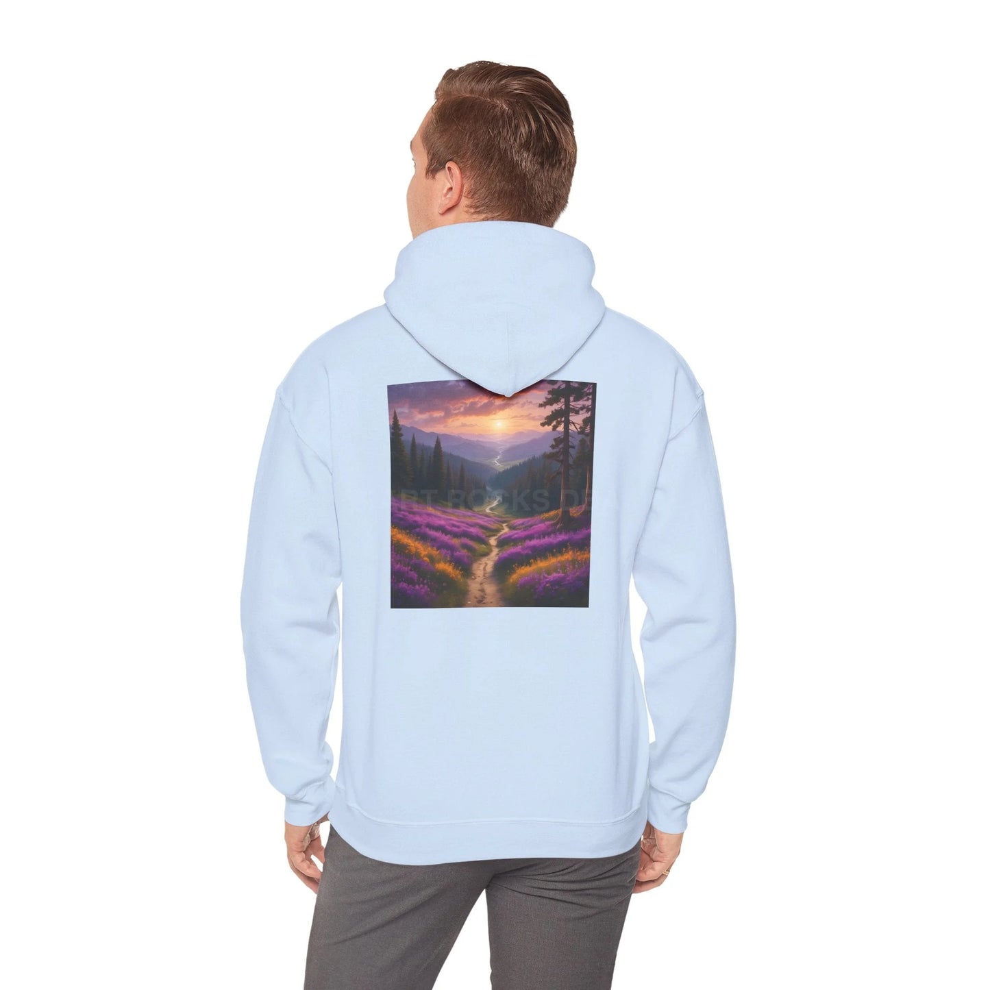 Valley With Purple Flowers Hoodie - Cozy Pullover Gift for Artists Nature Lover’s Apparel Handmade Art Clothing Perfect