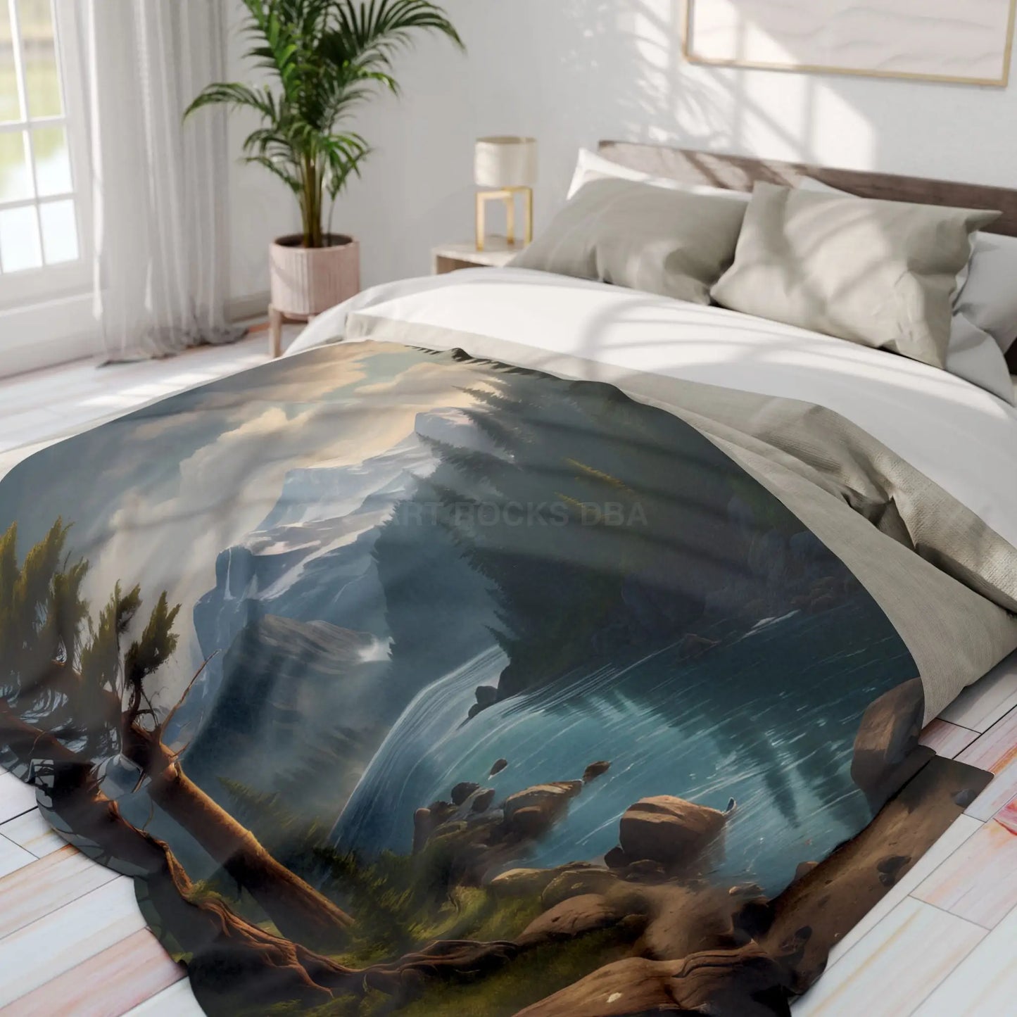 Winter River in the Pine Tree Mountains Arctic Fleece Blanket - Cozy Landscape Design for Outdoor Lovers - Home Decor