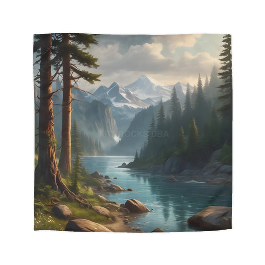 Wintry River in the Pine Tree Mountains Microfiber Duvet Cover - Nature-Inspired Bedding for Relaxation - Queen / Cream