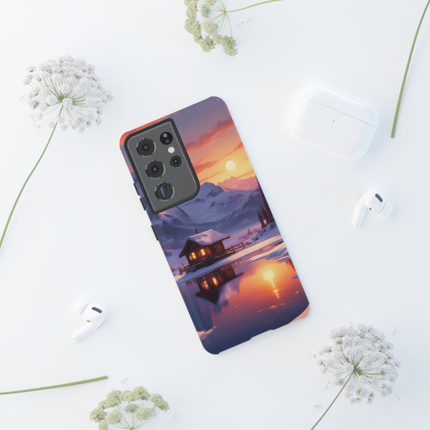 Carcasa para teléfono con diseño de cabaña en la montaña nevada, fundas resistentes para amantes de la naturaleza, cubierta de teléfono con paisaje pintoresco, regalo para excursionistas, accesorio para aventuras al aire libre.