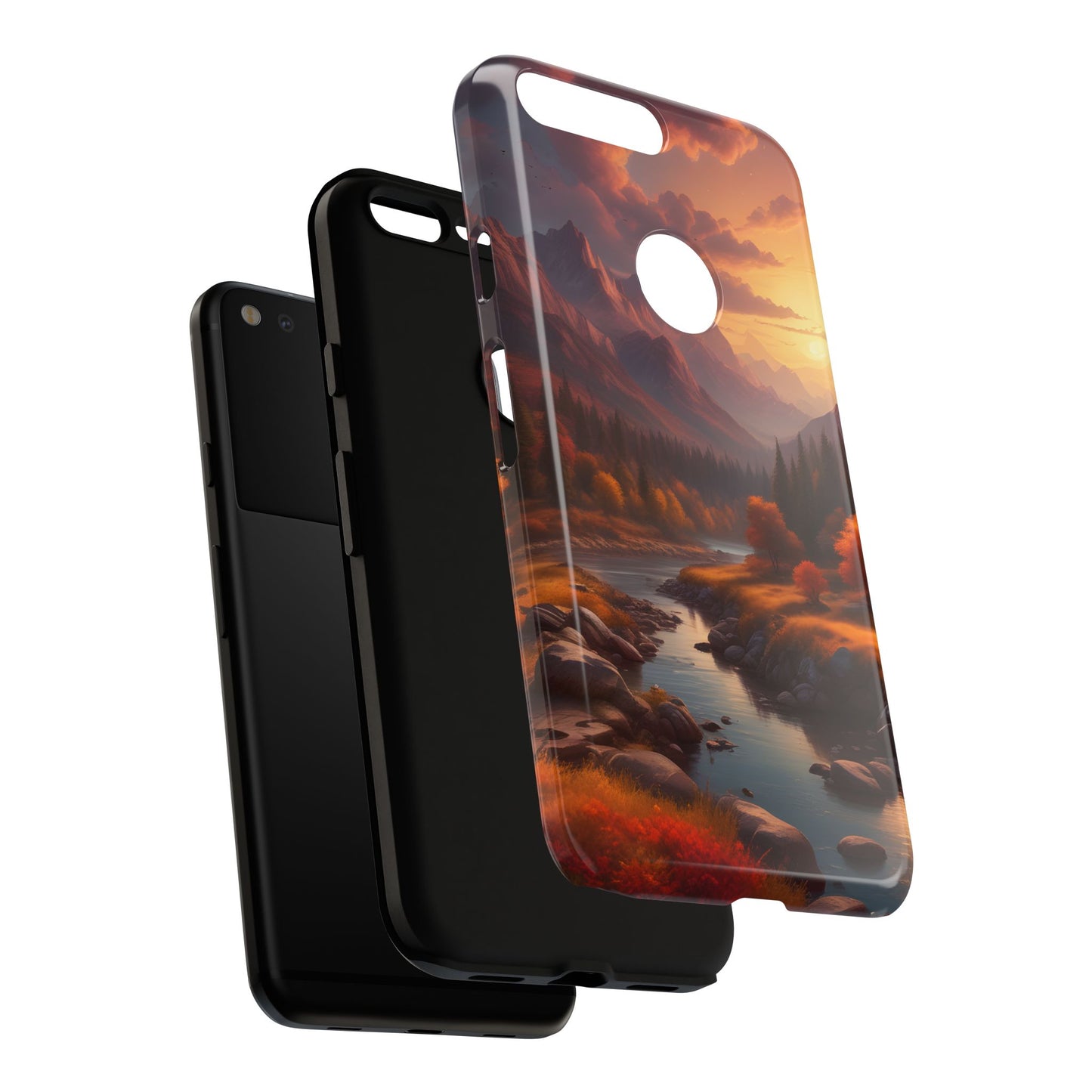Carcasa para teléfono con diseño de atardecer otoñal en la montaña, regalo para amantes de la naturaleza, funda resistente para teléfono, accesorio para aventuras al aire libre, funda con arte paisajístico.