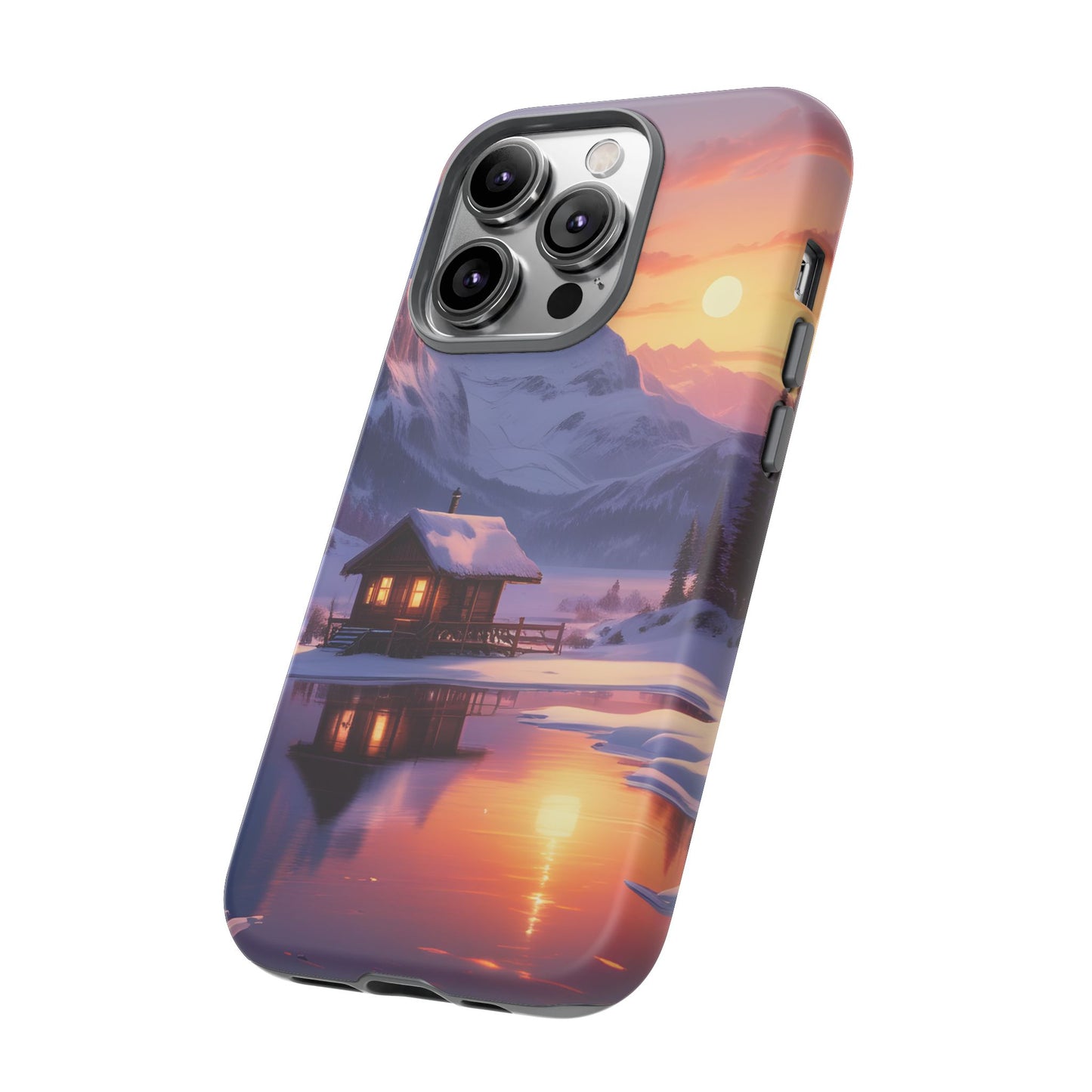 Carcasa para teléfono con diseño de cabaña en la montaña nevada, fundas resistentes para amantes de la naturaleza, cubierta de teléfono con paisaje pintoresco, regalo para excursionistas, accesorio para aventuras al aire libre.